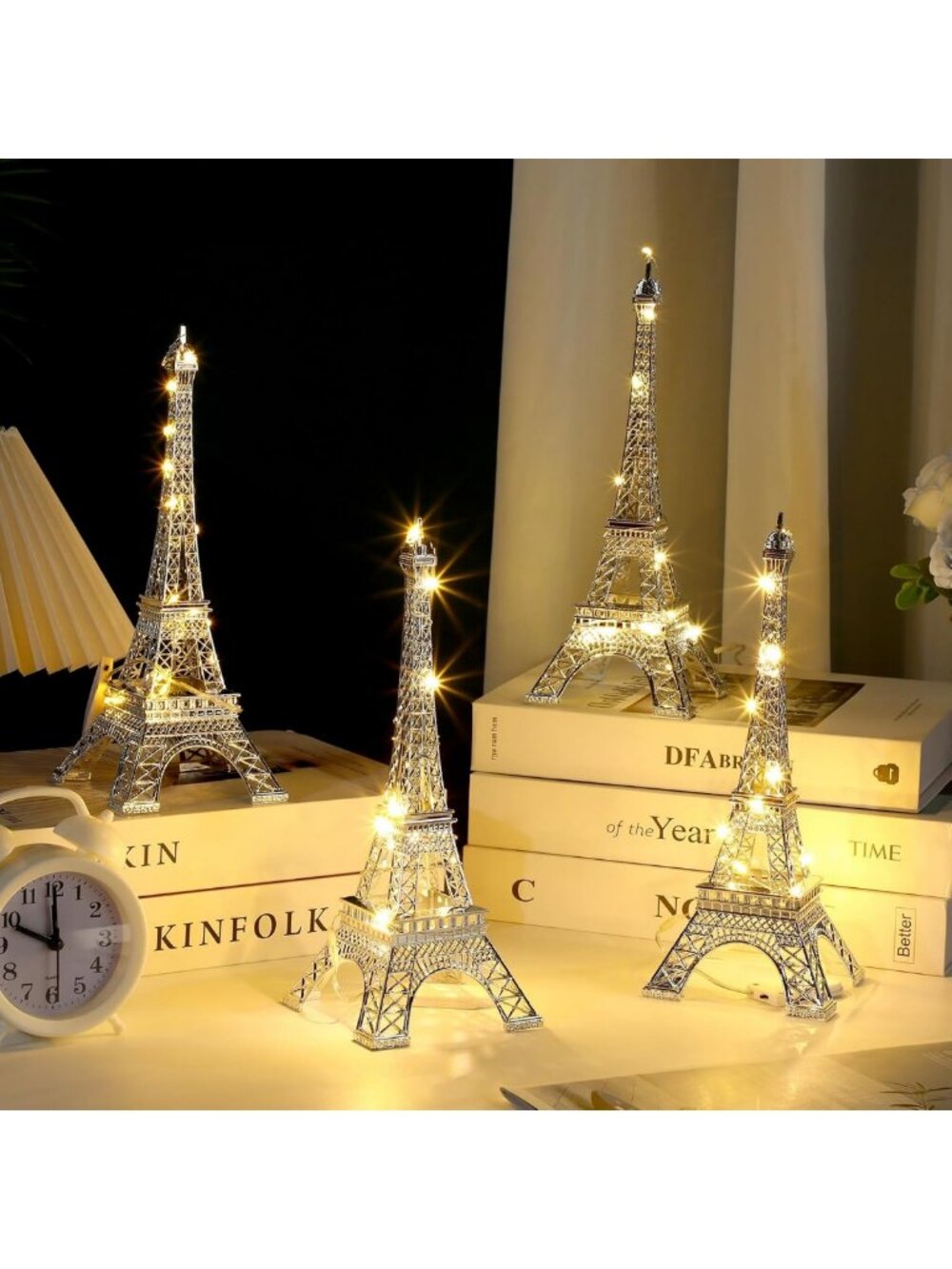 Set of 4 Eiffel Tower Statues - 10 Inch Silver Home Decor for Chic Aesthetic